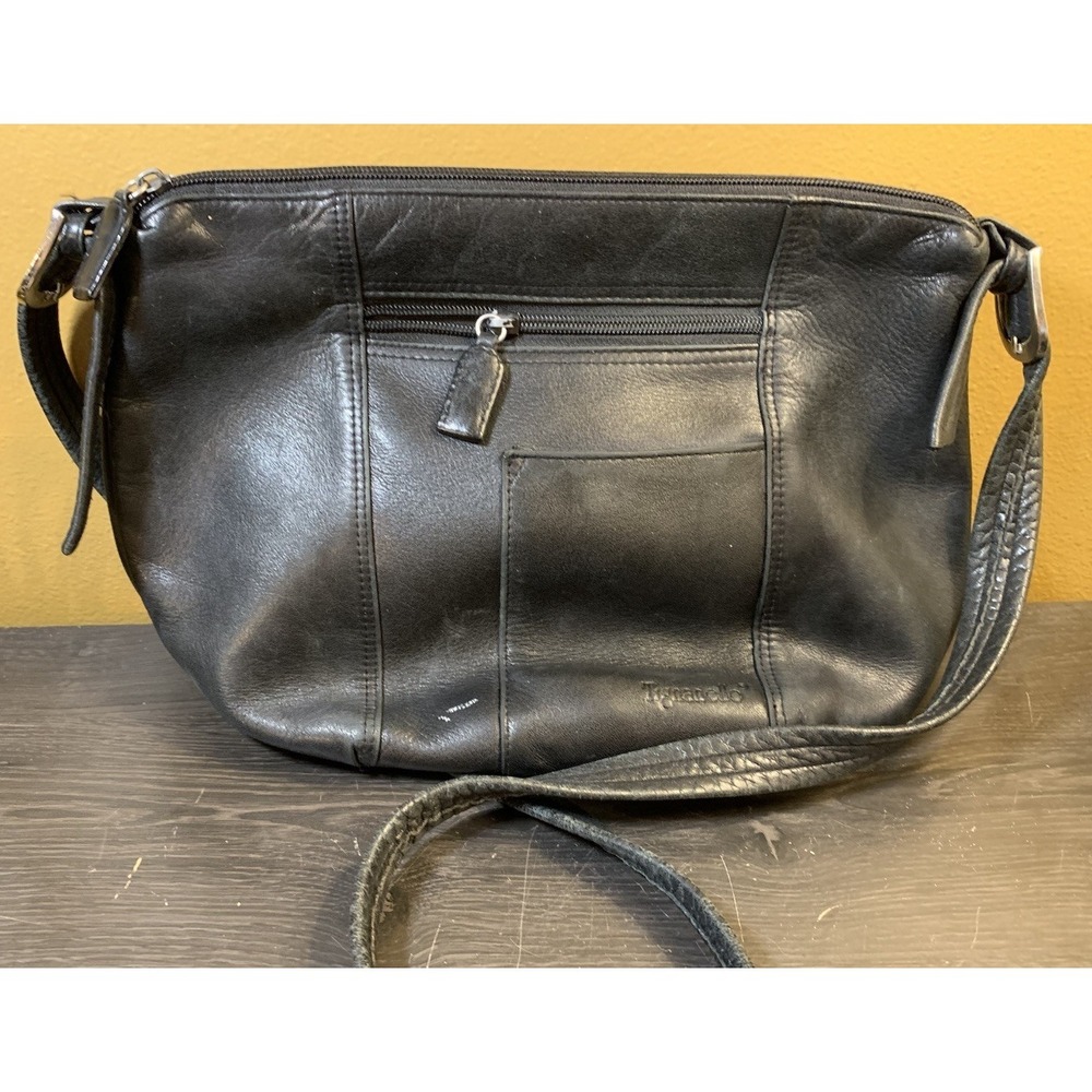 Tignanello Women's Leather Black Crossbody Handbag Purse Bag Double Zip